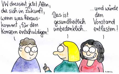 Cartoon: VW-Affen (medium) by Matthias Schlechta tagged vw,auto,automobilindustrie,abgas,abgase,diesel,emissionen,abgaswerte,affen,tierversuche,vorstand
