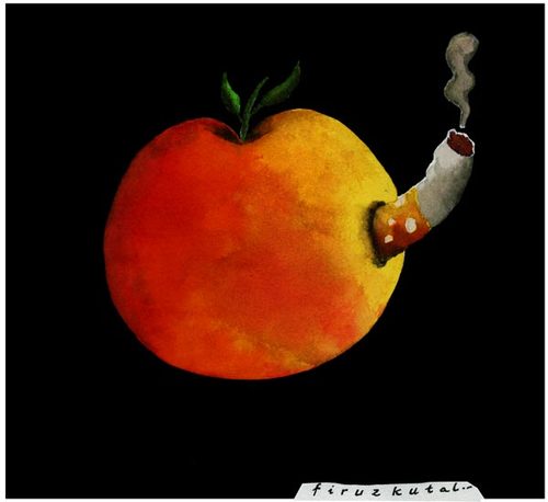 Cartoon: The_apple_knows_too! (medium) by firuzkutal tagged smoking,nonsmoker,cigarette,cigar,flower,despot,despotism,selfish,suppressing,manipulative,package,apple,violence,child,prison