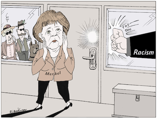 Cartoon: Toc toc (medium) by firuzkutal tagged racism,merkel,doorstep,coronavirus,corona,crisis,categorise,fear,seperattion,discrimination,violence,saynotoracism,refugees,immigrant,toc,racism,merkel,doorstep,coronavirus,corona,crisis,categorise,fear,seperattion,discrimination,violence,saynotoracism,refugees,immigrant