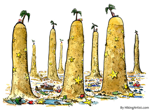Cartoon: No man is an Island at low tide (medium) by Frits Ahlefeldt tagged society,individualism,egoism,island,sea,palm,stranded,people,isolation,drawing,psychology,philosophy
