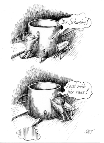 Cartoon: lasst mich hier raus (medium) by Parallelallee tagged baustelle,betrunkener,spriti,eingeschlossensein,grenze,mauer
