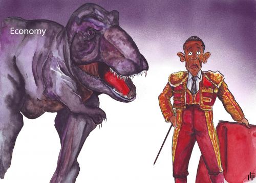 Cartoon: The Great Challenge (medium) by Nizar tagged usa,barack,obama,president,economy,financial,crisis,bull,bullfighting,tyrannosaur,challenge,dinosaur,barack obama,usa,amerika,präsident,präsidentschaft,wirtschaft,wirtschaftskrise,krise,finanzen,finanzkrise,geld,tyrannosaurus rex,saurier,dinosaurier,gefahr,stierkampf,nachfolger,amtszeit,erwartungen,anspruch,hoffnung,last,bürde,herausforderung,barack,obama,tyrannosaurus,rex