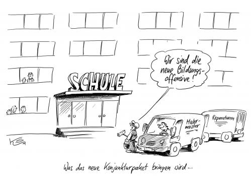 Cartoon: Bildungsoffensive (medium) by Stuttmann tagged bildungsoffensive,konjunkturpaket,schule,öffentliche,aufträge,bildungsoffensive,konjunkturpaket,schule,öffentliche,aufträge,öffentlich,bildung,wissen,schüler,deutschland,konjunktur,wirtschaft,geld,pleite,wirtschaftskrise