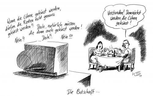 Cartoon: Botschaft (medium) by Stuttmann tagged renten,rentengarantie,lohn,gehalt,geld,existenz,einkommen,rente,rentner,senioren,alt,alter,vorsorge,altersvorsorge,rentenempfänger,rentengarantie