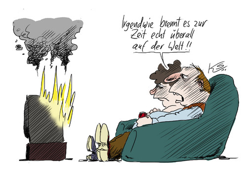 Cartoon: Es brennt... (medium) by Stuttmann tagged finanzkrise,wirtschaftskrise,london,syrien,usa,libyen