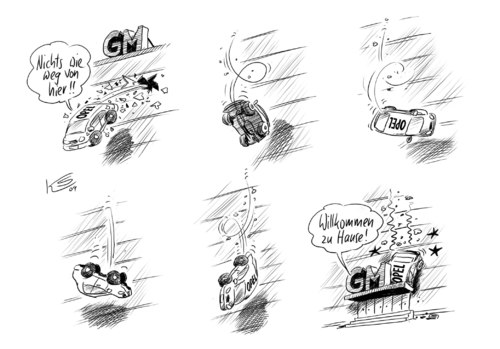 Cartoon: Freier Fall (medium) by Stuttmann tagged opel,gm,autoindustrie,magna,krise,insolvenz,opel,gm,general motors,autoindustrie,magna,krise,insolvenz,autos,auto,industrie,general,motors