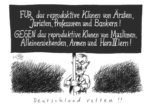 Cartoon: Klonen (medium) by Stuttmann tagged sarrazin,muslime,islam,bildung,zuwanderung,immigranten,migrationshintergrund,türken,buch,bestseller,araber,deutschland,spd,bundesbank,demografie,geburtenrate,thilo sarrazin,muslime,islam,bildung,immigranten,türken,buch,bestseller,deutschland,spd,bundesbank,demografie,geburtenrate,araber,gen,gene,äusserung,thilo,sarrazin,zuwanderung,migrationshintergrund,klonen