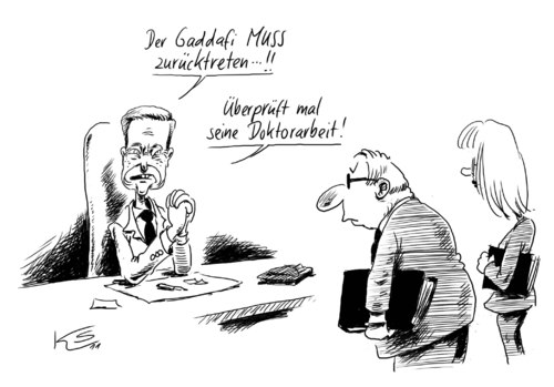 Cartoon: muss (medium) by Stuttmann tagged guttenberg,gaddafi,guttenberg,gaddafi,doktorarbeit
