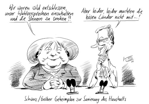 Cartoon: Plan (medium) by Stuttmann tagged schwarzgelb,koalition,cdu,fdp,merkel,westerwelle,wahlversprechen,bundesländer,steuersenkungen,schwarzgelb,schwarz,gelb,koalition,cdu,fdp,angela merkel,guido westerwelle,wahlversprechen,versprechen,wahl,wahlen,bundesländer,steuersenkungen,steuern,steuer,angela,merkel,guido,westerwelle