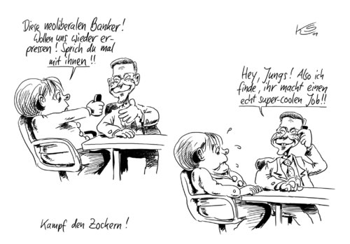 Cartoon: Super-Cool! (medium) by Stuttmann tagged banker,banken,neoliberal,schwarzgelb,westerwelle,merkel,cdu,fdp