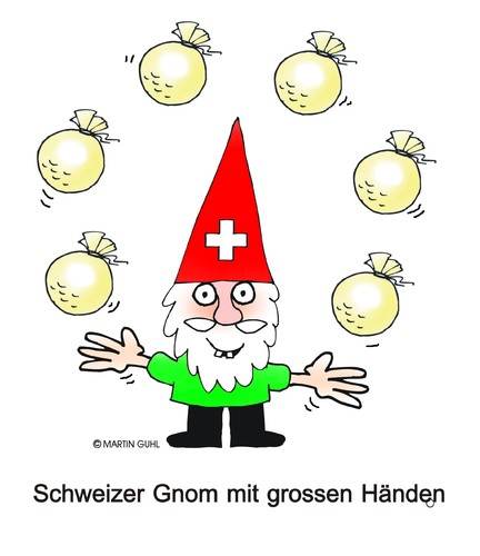 Cartoon: swiss gnom final hand jonglieren (medium) by martin guhl tagged swiss,gnom,final,hand,jonglieren,geld
