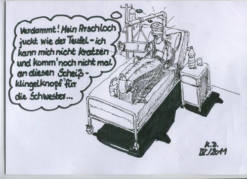 Cartoon: Dilemma (medium) by tobelix tagged scratch,to,impossible,nicht,geht,kratzen,ass,itching,arsch,juckender,hospital,krankenhaus,tobelix