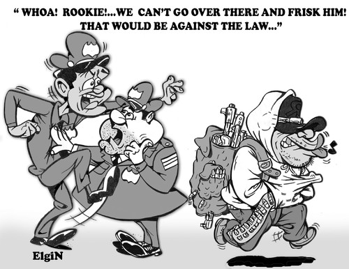 Cartoon: We Cant Frisk Him! (medium) by subwaysurfer tagged cartoon,caricature,police,guns,law