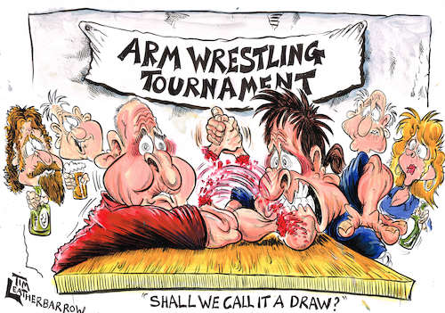 Cartoon: ARM WRESTLING (medium) by Tim Leatherbarrow tagged armwrestling,blood,injury,muscles,strength,bargames,sport