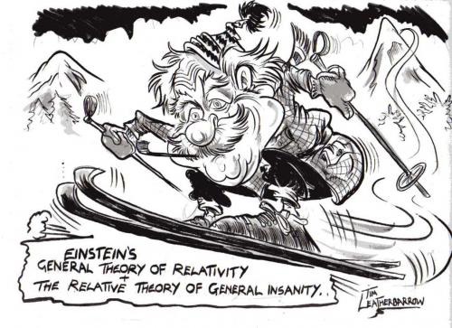 Cartoon: EINSTEINS 2 MAD THEORIES (medium) by Tim Leatherbarrow tagged alfredeinstein,caricature,relativity,mountains,ski,skiing,insanity