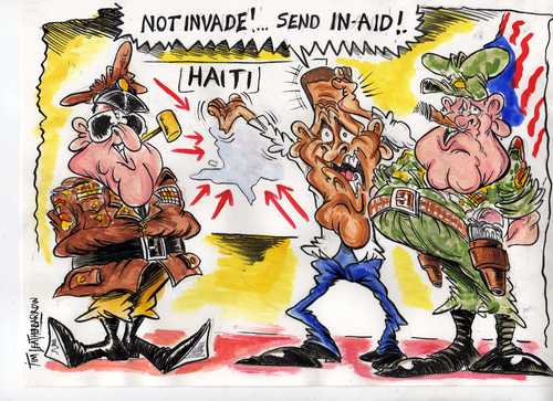 Cartoon: INVADE or send IN AID (medium) by Tim Leatherbarrow tagged haiti,disaster,eartquake,aid,invade,barrack,obama,us