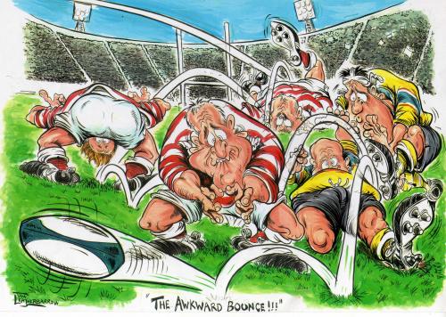 Cartoon: THE AWKWARD BOUNCE (medium) by Tim Leatherbarrow tagged rugby,ball,oval,shaped,awkward,bounce,players,match,game
