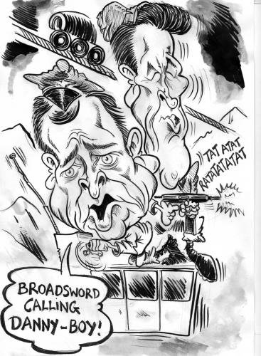 Cartoon: WHERE EAGLES DARE (medium) by Tim Leatherbarrow tagged caricature,where,eagles,dare,clint,eastwood,richard,burton,broadsword,dannyboy,cablecar