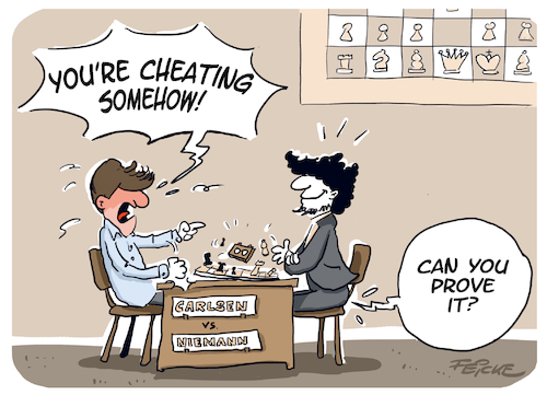 Cartoon: Carlsen vs Niemann english (medium) by FEICKE tagged chess,tournament,world,champion,magnus,carlsen,hans,moke,niemann,cheating,betray,chess,tournament,world,champion,magnus,carlsen,hans,moke,niemann,cheating,betray