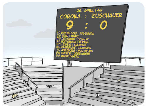 Cartoon: Corona vs Zuschauer (medium) by FEICKE tagged fußball,fussball,coronoa,zuschauer,fans,bundesliga,geisterspiel,fußball,fussball,coronoa,zuschauer,fans,bundesliga,geisterspiel