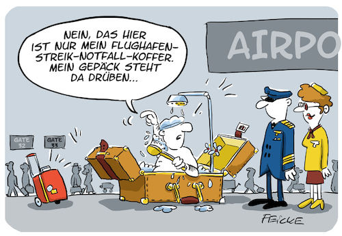 Cartoon: Flughafen Notfallkoffer (medium) by FEICKE tagged flughafen,urlaub,reise,buchung,streik,stress,ausfall,verspätung,flughafen,urlaub,reise,buchung,streik,stress,ausfall,verspätung