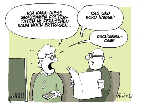 Cartoon: Folter im TV (medium) by FEICKE tagged isis,tv,fernsehen,boko,haram,terror,krieg,schrecken,rtl,dschungelcamp,isis,tv,fernsehen,boko,haram,terror,krieg,schrecken,rtl,dschungelcamp