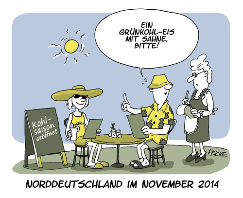 Cartoon: Grünkohlsaison (medium) by FEICKE tagged klima,klimawandel,november,sommer,herbst,temperatur,zu,warm,grünkohl,norden,norddeutschland,holstein,kohl,essen,restaurant,klima,klimawandel,november,sommer,herbst,temperatur,zu,warm,grünkohl,norden,norddeutschland,holstein,kohl,essen,restaurant