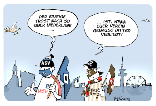 Cartoon: Hamburgs Fussball verlierer (medium) by FEICKE tagged hamburg,bundesliga,fc,st,pauli,fussball,hsv,sportverein,niederlage,hamburg,bundesliga,fc,st,pauli,fussball,hsv,sportverein,niederlage