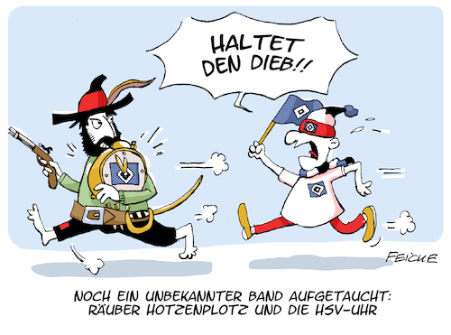 Cartoon: Hotzenplotz und HSV (medium) by FEICKE tagged hamburg,sportverein,hsv,fußball,fussball,bundesliga,uhr,dinosaurier,ottfried,preußler,hotzenplotz,räuber,hamburg,sportverein,hsv,fußball,fussball,bundesliga,uhr,dinosaurier,ottfried,preußler,hotzenplotz,räuber