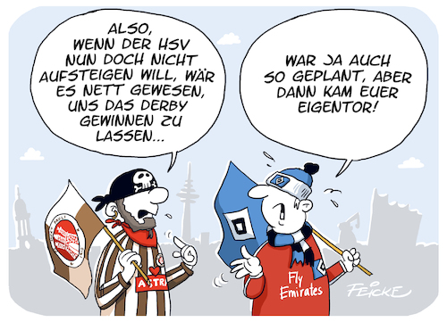 Cartoon: HSV FCSP Hanseatische Nettigkeit (medium) by FEICKE tagged hamburg,bundesliga,zwei,verein,hsv,sportverein,fc,sankt,pauli,fussball,fußball,hamburg,bundesliga,zwei,verein,hsv,sportverein,fc,sankt,pauli,fussball,fußball