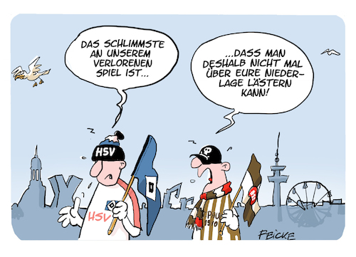 Cartoon: HSV FCSP Lästern (medium) by FEICKE tagged hamburg,bundesliga,zwei,verein,hsv,sportverein,fc,sankt,pauli,fussball,fußball,hamburg,bundesliga,zwei,verein,hsv,sportverein,fc,sankt,pauli,fussball,fußball