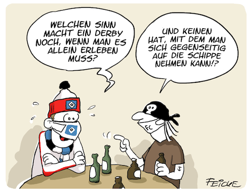 Cartoon: HSV Pauli Derby 2020 (medium) by FEICKE tagged hamburg,fussball,hsv,sportvereien,fc,st,sankt,pauli,corona,geisterspiel,derby,liga,bundeliga,hamburg,fussball,hsv,sportvereien,fc,st,sankt,pauli,corona,geisterspiel,derby,liga,bundeliga