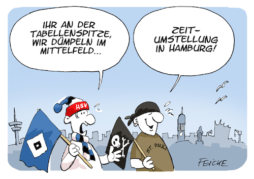 Cartoon: HSV St Pauli Zeitumstellung (medium) by FEICKE tagged hamburg,bundesliga,zwei,verein,hsv,sportverein,fc,sankt,pauli,fussball,fußball,hamburg,bundesliga,zwei,verein,hsv,sportverein,fc,sankt,pauli,fussball,fußball