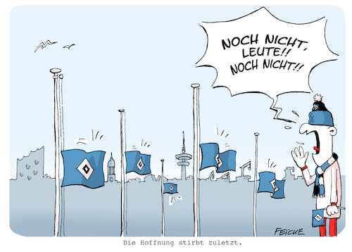 Cartoon: HSV vor dem Endspiel (medium) by FEICKE tagged hamburg,fussball,bundesliga,sportverein,abstieg,fahne,hsv,hamburg,fussball,bundesliga,sportverein,abstieg,fahne,hsv