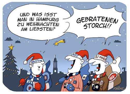 Cartoon: Kiel HSV FCSP Weihnachtsessen (medium) by FEICKE tagged holstein,kiel,hamburg,hamburger,sportverein,hsv,fc,sankt,pauli,fcsp,fussball,bundesliga,tabelle,aufstieg,aufsteiger,dfb,dfl,holstein,kiel,hamburg,hamburger,sportverein,hsv,fc,sankt,pauli,fcsp,fussball,bundesliga,tabelle,aufstieg,aufsteiger,dfb,dfl