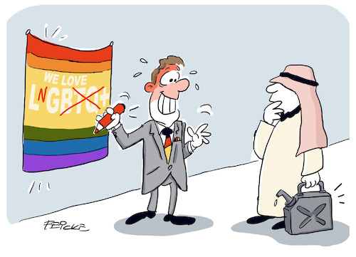 Cartoon: LGBTQ und was davon übrig bleibt (medium) by FEICKE tagged katar,werte,lgbtq,schwule,lesben,öl,wirtschaft,lng,katar,werte,lgbtq,schwule,lesben,öl,wirtschaft,lng