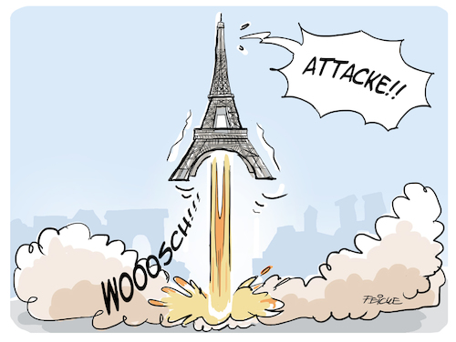 Cartoon: Macrons Attacke (medium) by FEICKE tagged macron,weltraum,verteidigung,sterne,rakete,macron,weltraum,verteidigung,sterne,rakete