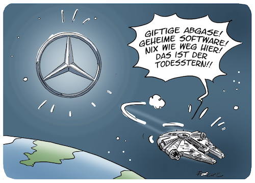 Cartoon: Mercedes Todesstern (medium) by FEICKE tagged mercedes,benz,daimler,umwelt,klima,diesel,abgas,skandal,software,betrug,straftat,star,wars,todesstern,mercedes,benz,daimler,umwelt,klima,diesel,abgas,skandal,software,betrug,straftat,star,wars,todesstern