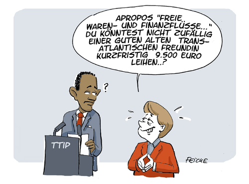 Cartoon: Merkel ud Obama (medium) by FEICKE tagged obama,merkel,cdu,mitglied,beitrag,schulden,geld,darlehen,handel,hannover,obama,merkel,cdu,mitglied,beitrag,schulden,geld,darlehen,handel,hannover