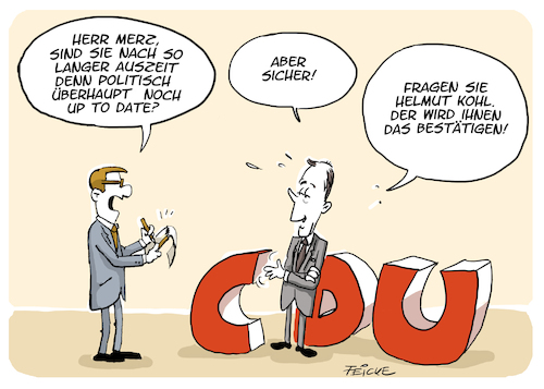 Cartoon: Merz up to date (medium) by FEICKE tagged cdu,union,kanzler,kandidat,merz,spahn,laschet,partei,vorsitz,kohl,cdu,union,kanzler,kandidat,merz,spahn,laschet,partei,vorsitz,kohl