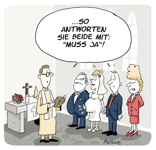 Cartoon: Muss ja (medium) by FEICKE tagged ehe,heirat,hochzeit,schwanger,geburt,familie,kirche,ehe,heirat,hochzeit,schwanger,geburt,familie,kirche