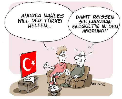 Cartoon: Nahles will Türkei helfen (medium) by FEICKE tagged türkei,deutschland,eu,europa,union,währung,krise,erdogan,protest,nahles,spd,sozialdemokraten,partei,lira,hilfe,untergang,türkei,deutschland,eu,europa,union,währung,krise,erdogan,protest,nahles,spd,sozialdemokraten,partei,lira,hilfe,untergang