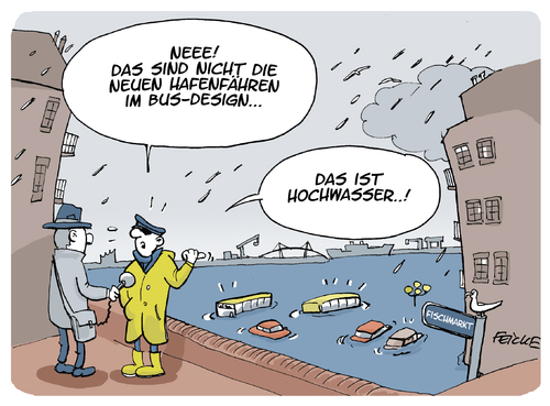 Cartoon: Neue Hafenfähren in Hamburg (medium) by FEICKE tagged sturmflut,hochwasser,optik,bus,rundfahrt,hafen,haag,fähre,hamburg,hansestadt,hansestadt,hamburg,fähre,haag,hafen,rundfahrt,bus,optik,hochwasser,sturmflut