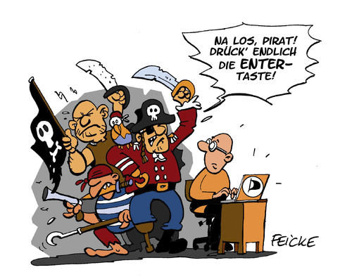 Cartoon: Piraten bereit zum Entern (medium) by FEICKE tagged piraten,parteitag,berlin,bundestag,wahlkampf,durchstarten,enter,taste,bayern,piraten,parteitag,berlin,bundestag,wahlkampf,durchstarten,enter,taste,bayern