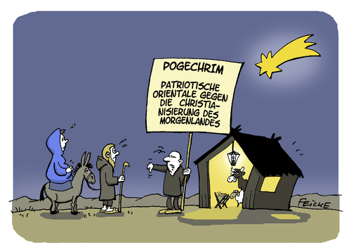 Cartoon: Pogechrim statt pegida (medium) by FEICKE tagged pegida,abendland,morgenland,demnstartion,maria,josef,jesus,crist,christen,kirche,religion,orient,ausländer,feindlichkeit,pegida,abendland,morgenland,demnstartion,maria,josef,jesus,crist,christen,kirche,religion,orient,ausländer,feindlichkeit