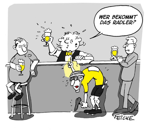 Cartoon: Radler (medium) by FEICKE tagged radler,fahrrad,bier,mischgetränk,mix,alsterwasser,brause,alkohol,bar,kneipe,trinken