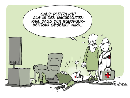 Cartoon: Rundfunkbeitrag (medium) by FEICKE tagged gez,rundfunk,beitrag,kosten,senkung,schock,herzstillstand,gez,rundfunk,beitrag,kosten,senkung,schock,herzstillstand