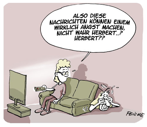 Cartoon: Schreckensnachrichten (medium) by FEICKE tagged tv,terror,amok,nachrichten,fernsehen,krieg,angst,tv,terror,amok,nachrichten,fernsehen,krieg,angst