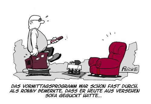 Cartoon: Sofa gucken (medium) by FEICKE tagged mediendemenz,fernbedienung,dumm,glotzen,tv,fernsehen,langeweile,sofa,nonsens