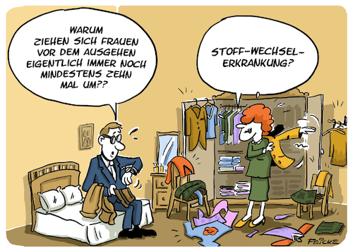 Cartoon: Stoffwechsel (medium) by FEICKE tagged frau,mann,ehe,partner,warten,klischee,kleidung,mode,ausgehen,freizeit,frau,mann,ehe,partner,warten,klischee,kleidung,mode,ausgehen,freizeit